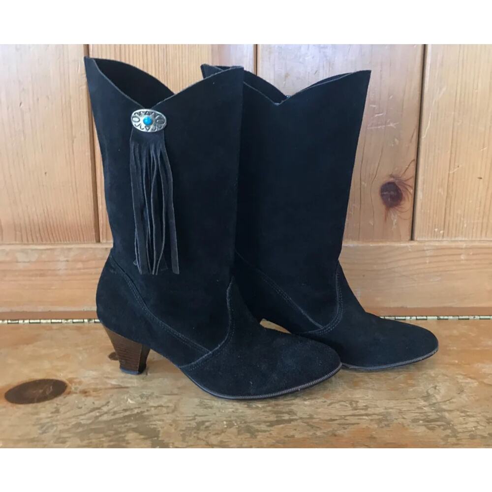 Vintage Pinwheels Western Black Suede BootsTurquoise Fringe Size 8.5 Cowboycore